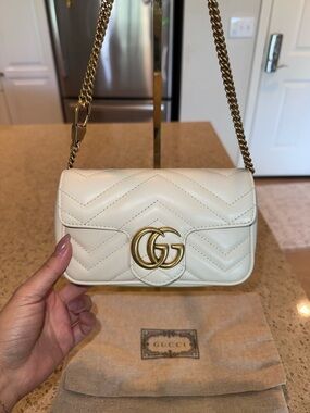 Gucci Cream GG Marmont Chevron super Mini Shoulder Bag with Gold Hardware